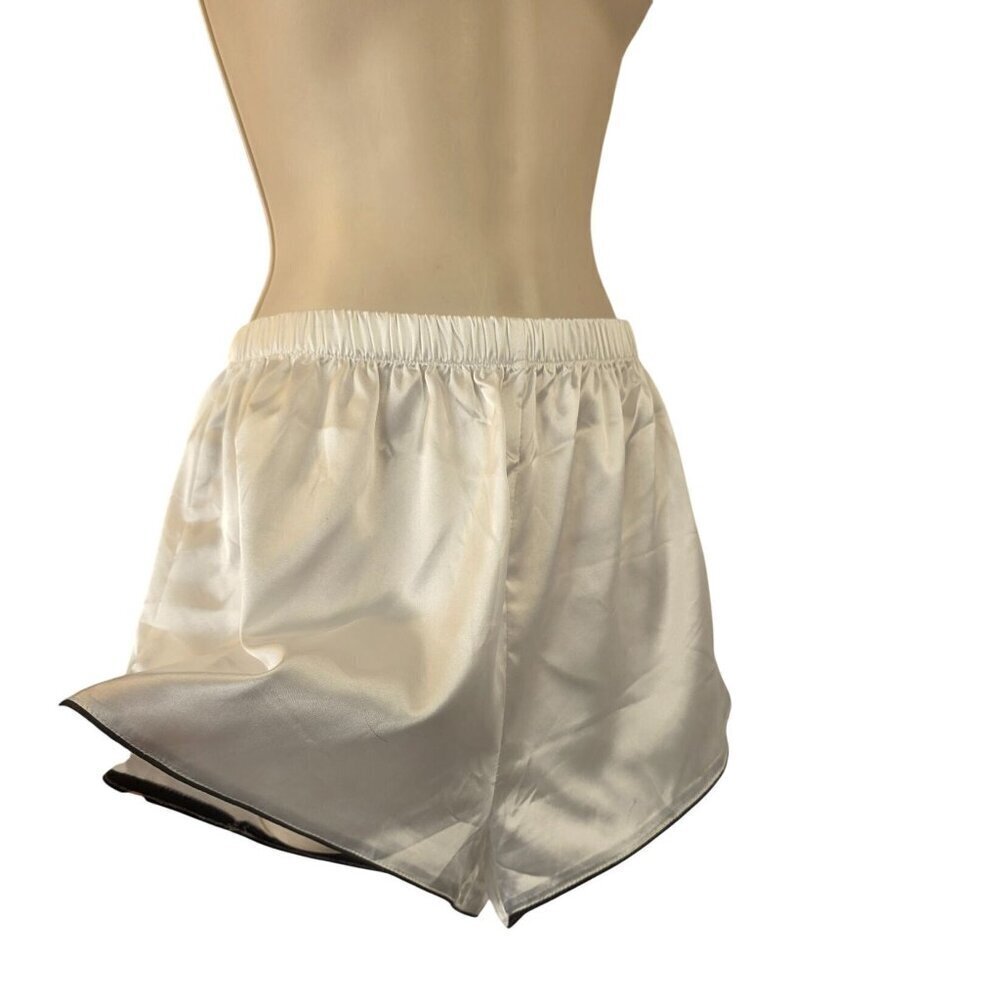 Ekouaer Satin Sleep Shorts Women Sz M White Black Trim Pajama Bottoms NEW